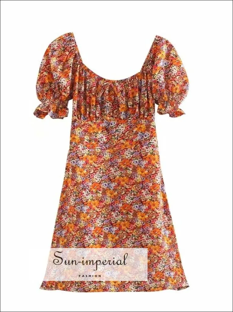 Black Floral Mini Dress a Line Ruched Square Neck Frill Sleeve with Bowknot front
