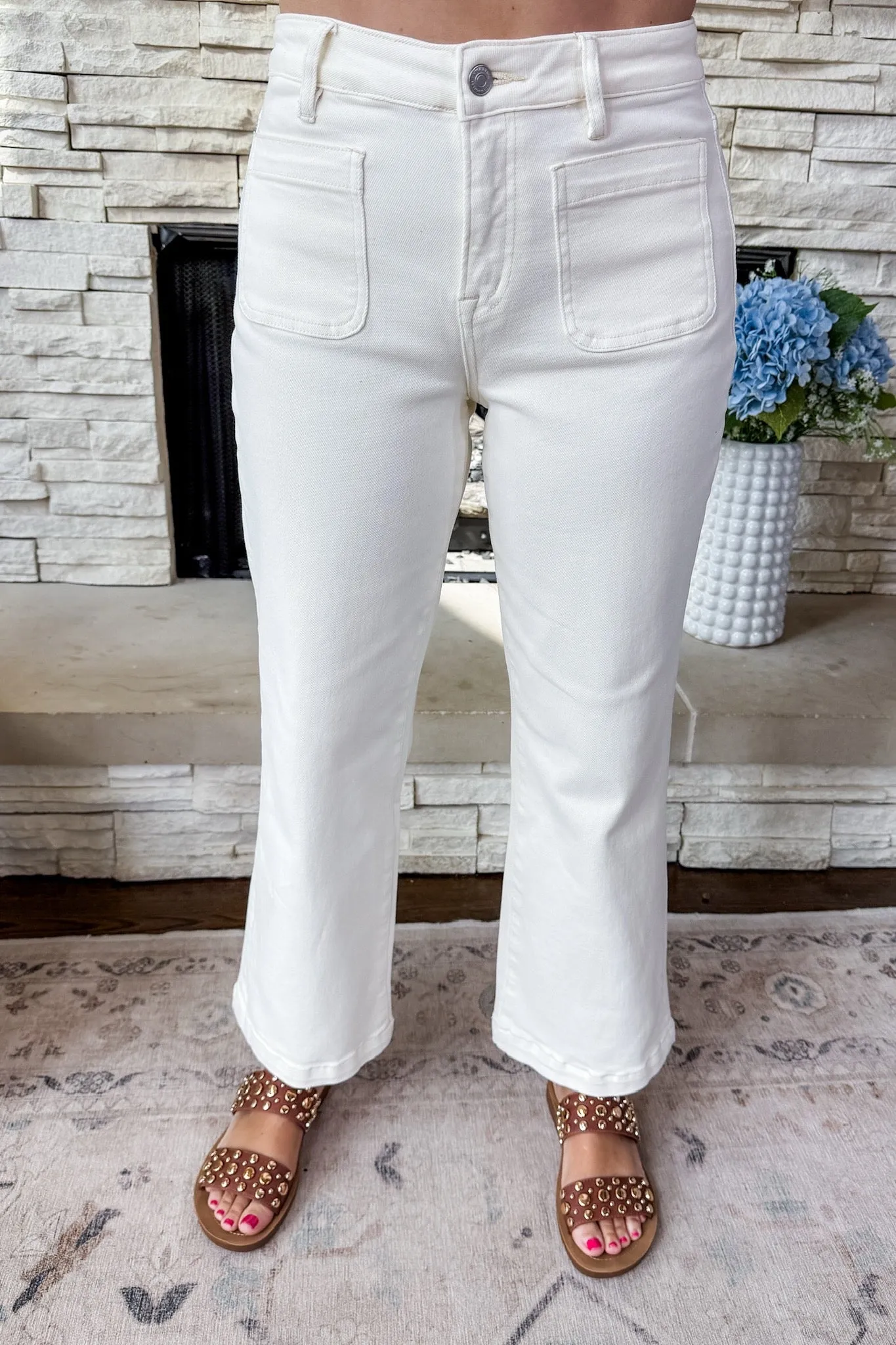 Cream High Rise Patch Pocket Cropped Wide Leg Jean by Mica