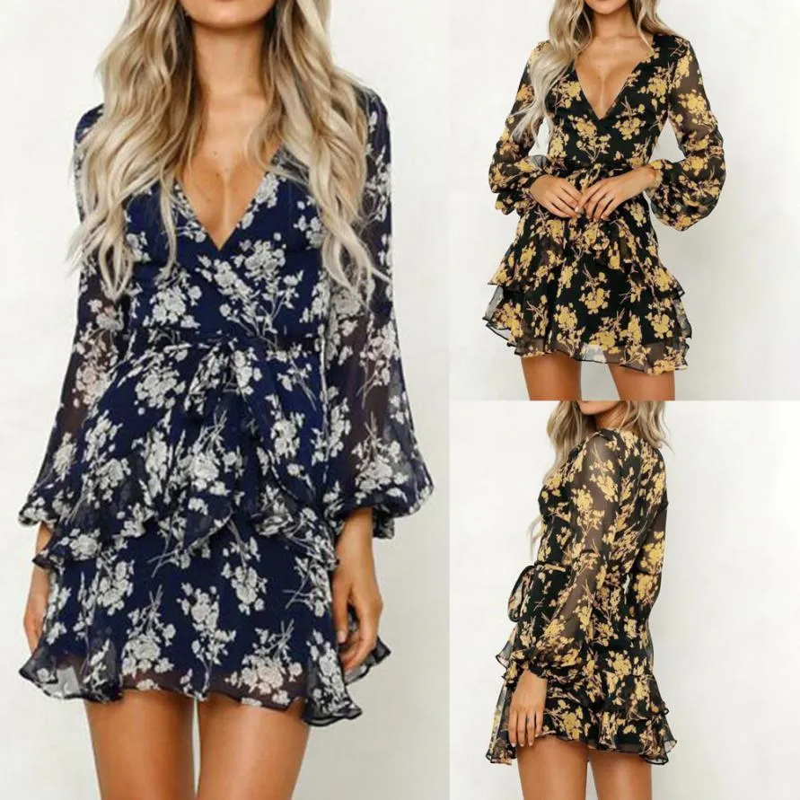 Dress Floral Leaf Printed Lantern Sleeve Empire