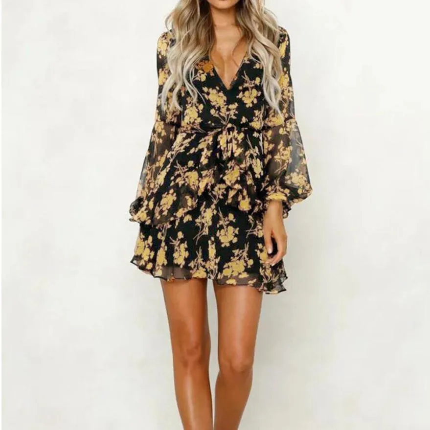 Dress Floral Leaf Printed Lantern Sleeve Empire