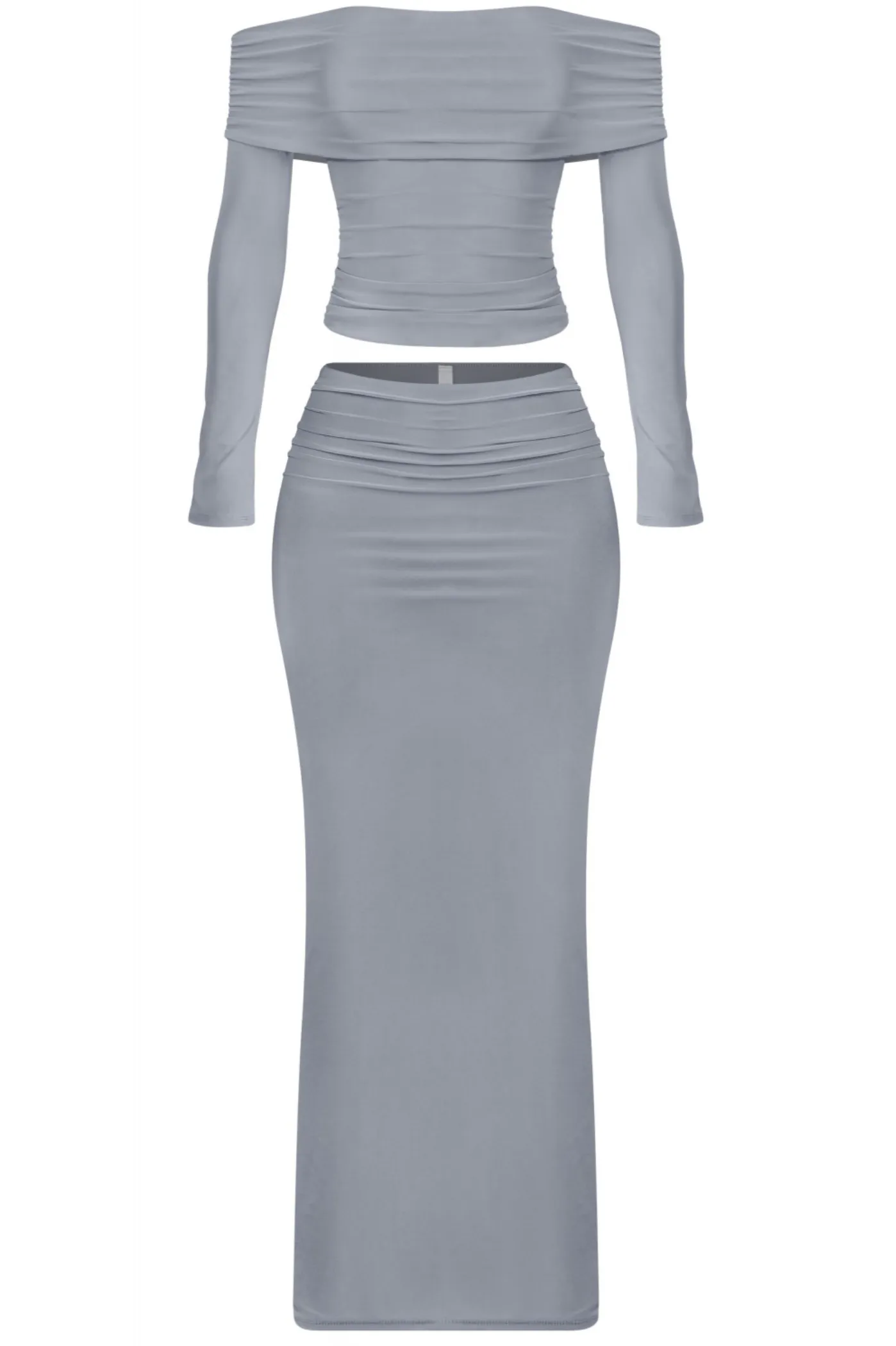 Helena Off Shoulder L/S Crop Top Maxi Skirt Set (Charcoal)