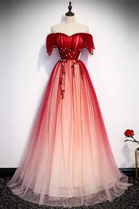 kamahe Burgundy Off The Shoulder Tulle Long Lace Up Formal Prom Dresses Party Dresses