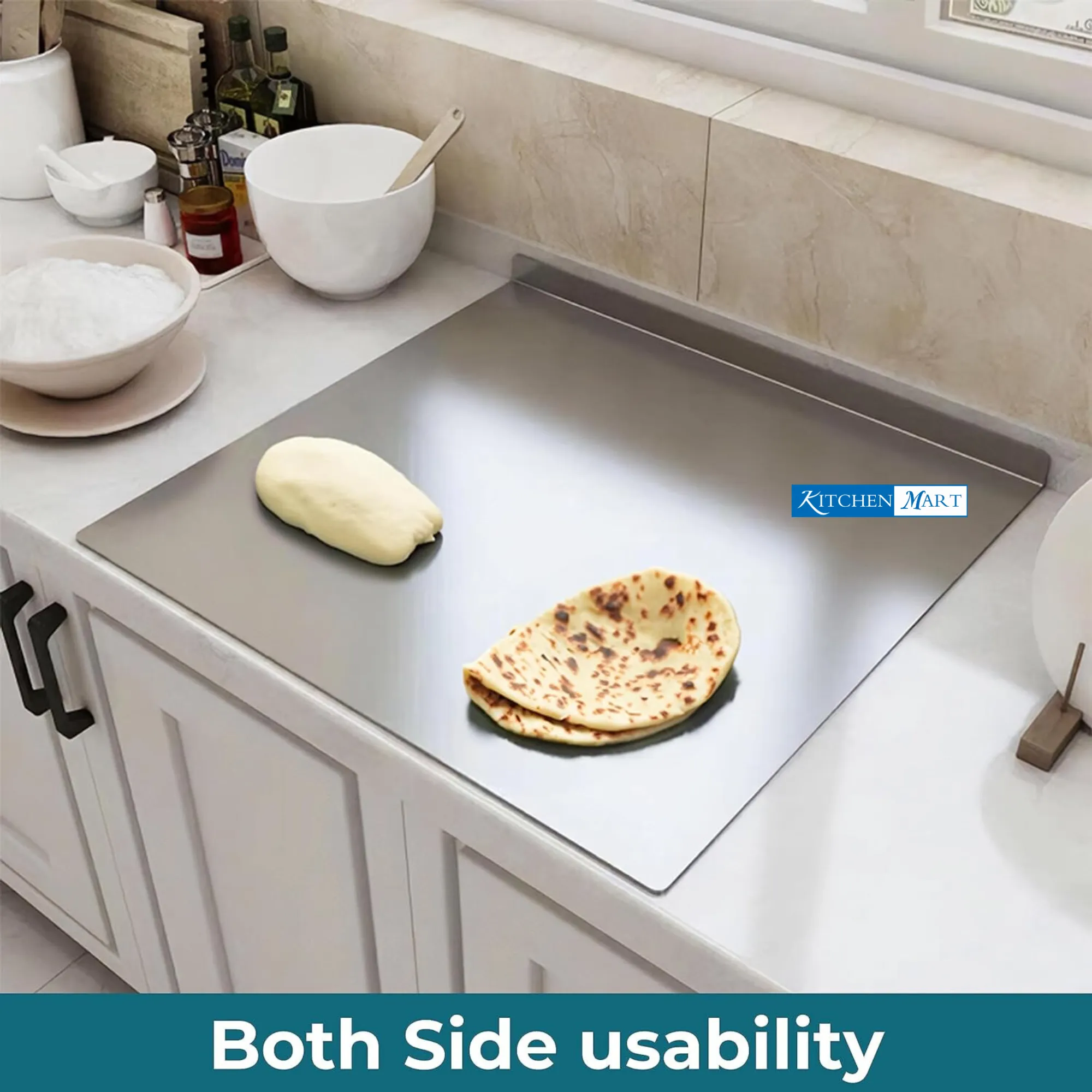 Kitchen mart Counter Top Chopping Board Stainless Steel Worktop Platform Round Edge, Baking, Heavy Extra Large (63 Cm Wide x 47 Cm Deep  25 Mm Bend