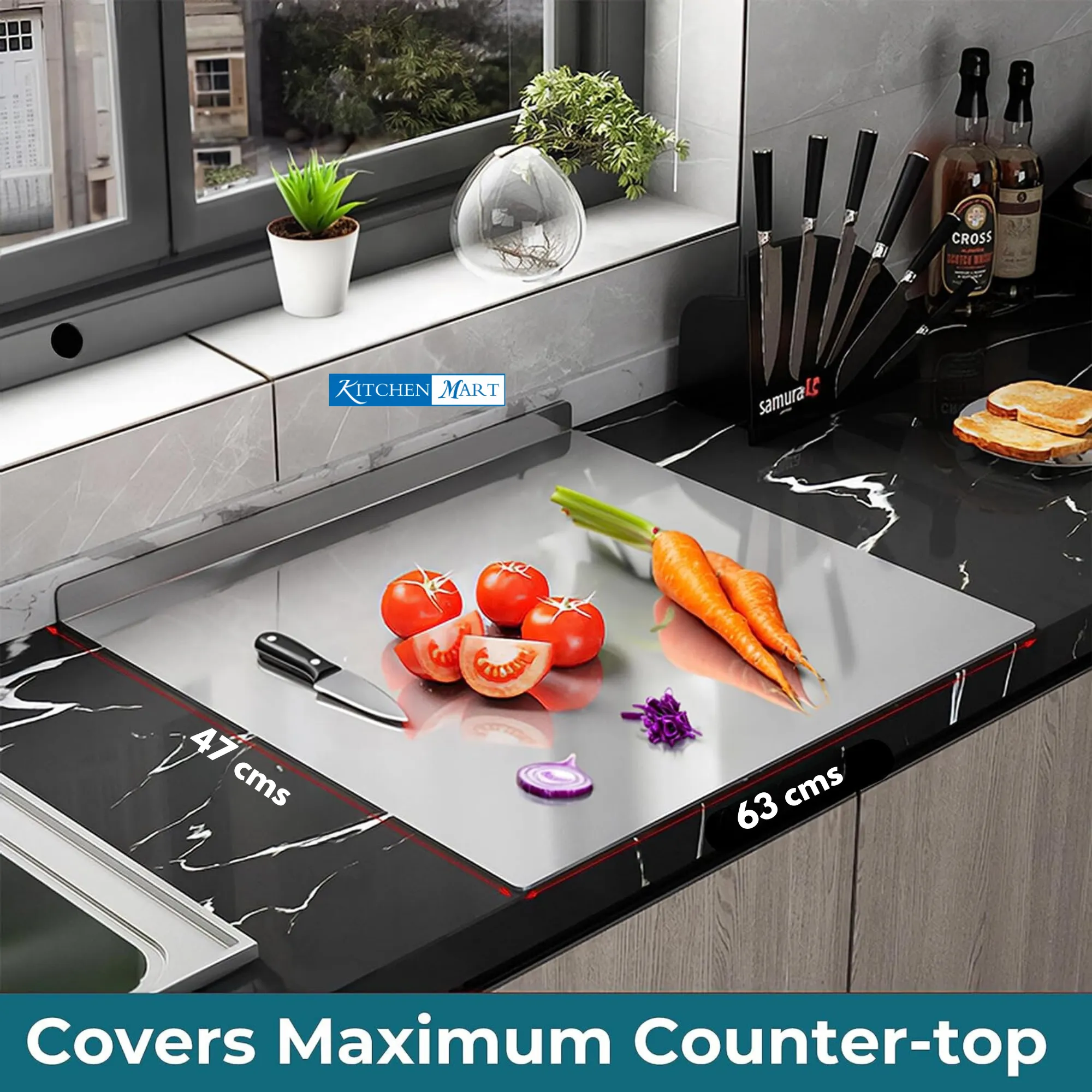 Kitchen mart Counter Top Chopping Board Stainless Steel Worktop Platform Round Edge, Baking, Heavy Extra Large (63 Cm Wide x 47 Cm Deep  25 Mm Bend